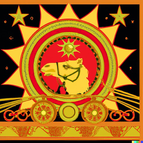 DALL·E 2022-11-03 14.26.47 - Rey Paimon, montando un camello, con un sol reluciente detras de el, con ojos ardientes, y una corona dorada hermosa