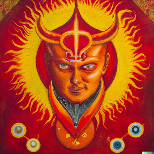 DALL·E 2022-11-03 14.35.44 - Retrato en óleo del demonio Rey Paimon con símbolos solares